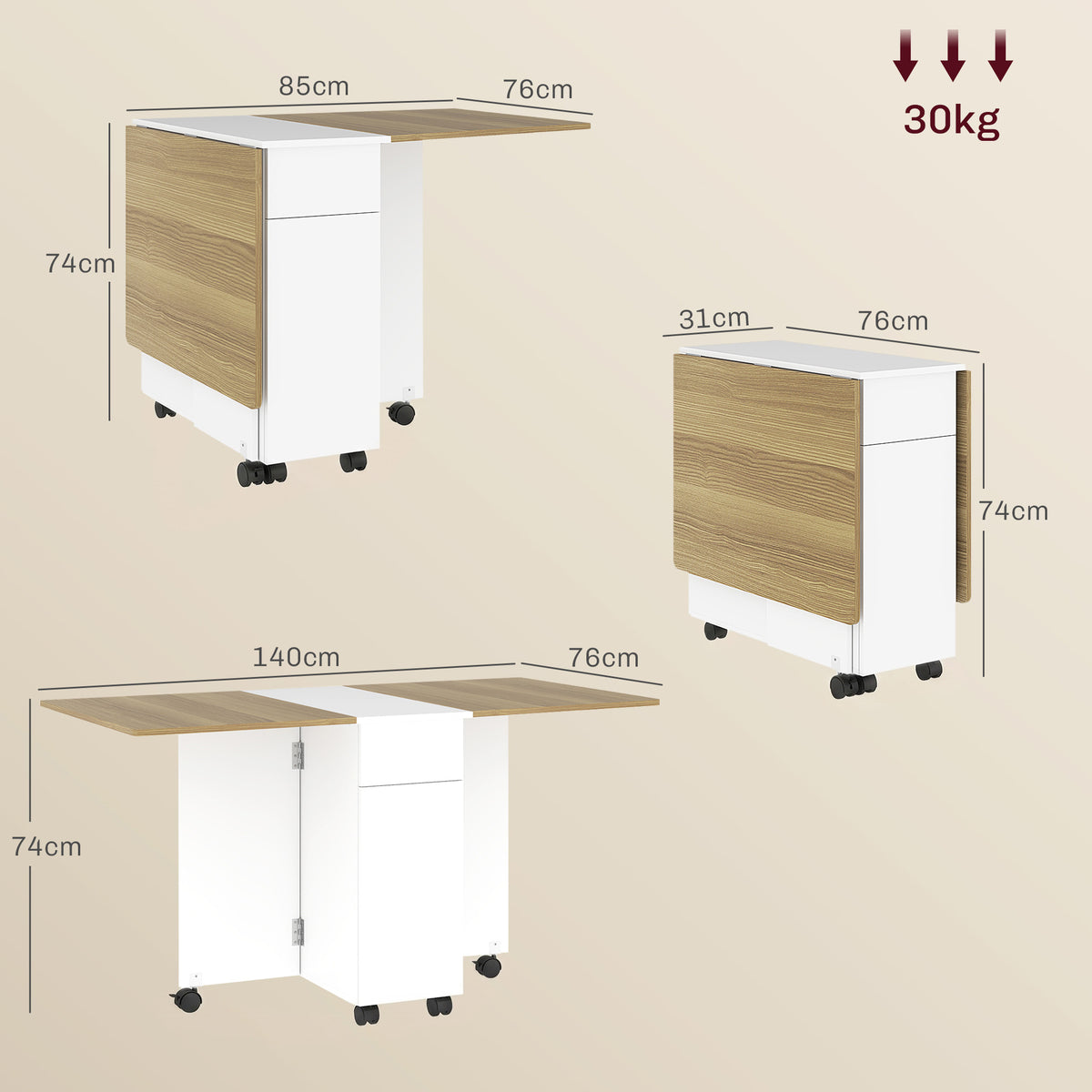 Table à manger pliable pour 6 personnes, table de cuisine sur roulettes avec 2 tiroirs 2 placards, 140x76x74cm, blanc