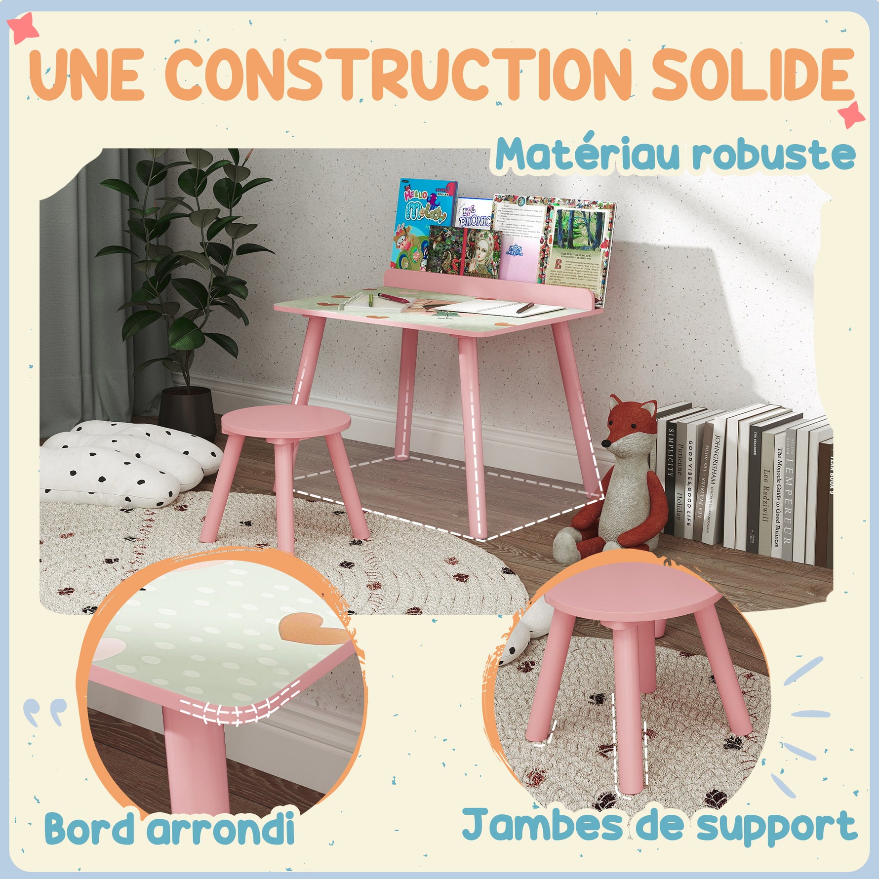 Ensemble table et chaise enfant table pour enfant avec chaise avec porte-livres motifs d'ours pour enfants 3-8 ans rose