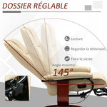 Fauteuil relax inclinable repose-pieds réglable pivotant 360° piètement bois revêtement PU respirant et doux crème