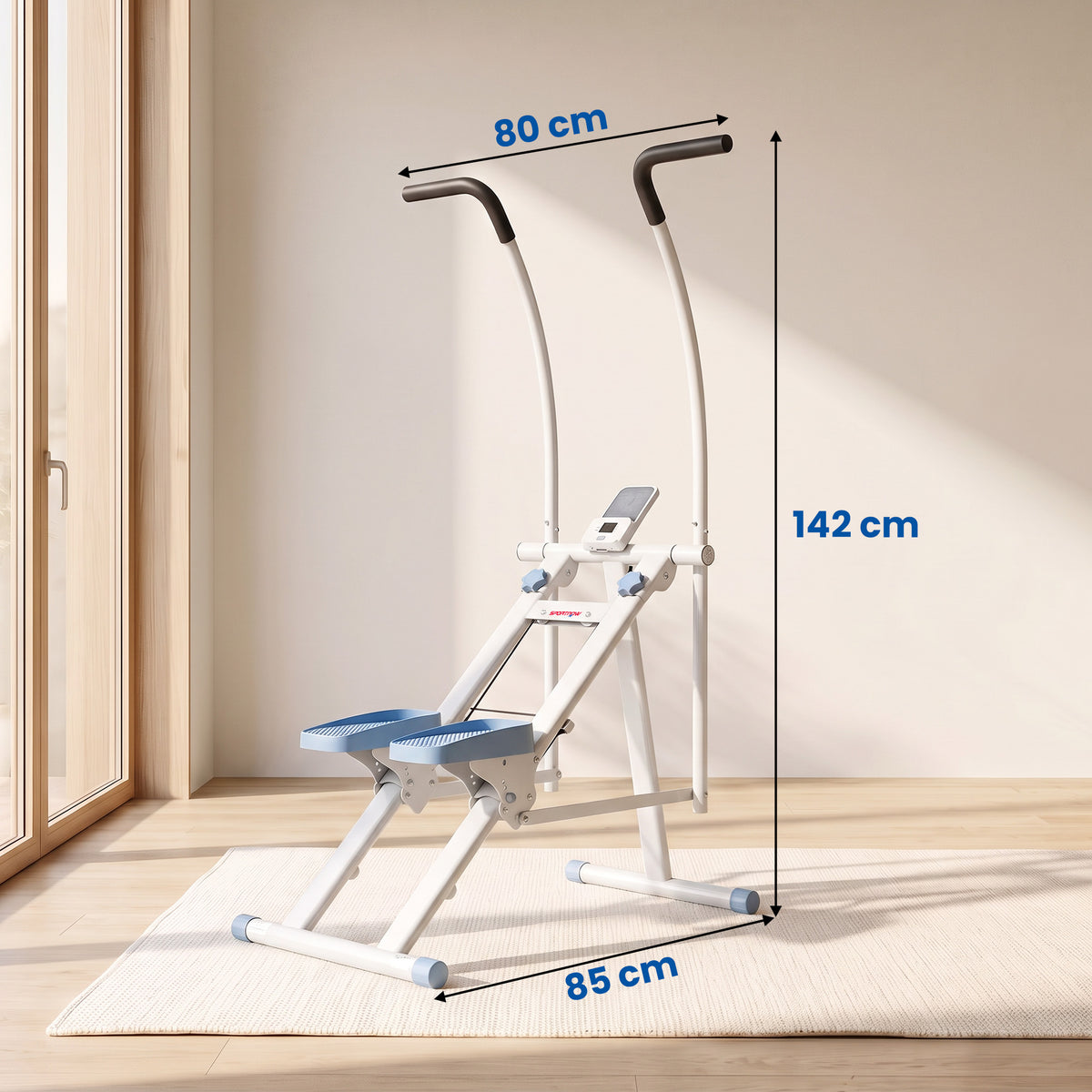 Stepper d'Escalier Pliable, Hauteur Réglable, Écran LCD, Pédales Réglables, Charge 100 kg, 85 x 80 x 142 cm, Blanc