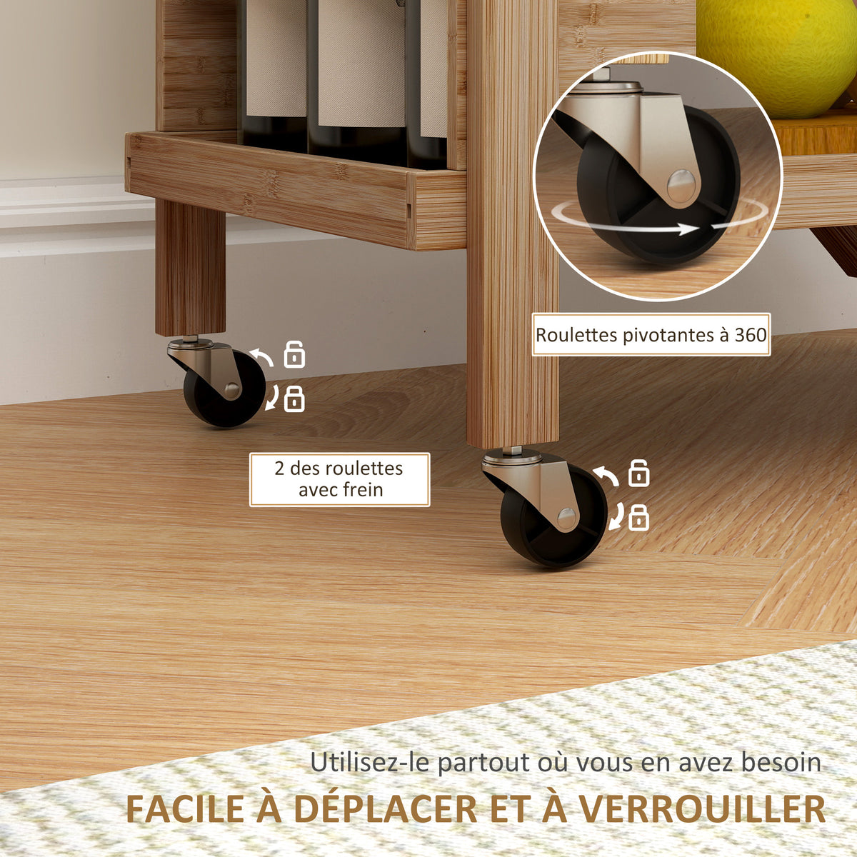 Desserte de cuisine en bambou chariot de service pliable 2 plateaux 4 roues 3 casiers à vin 66 x 40 x 70 cm bois naturel
