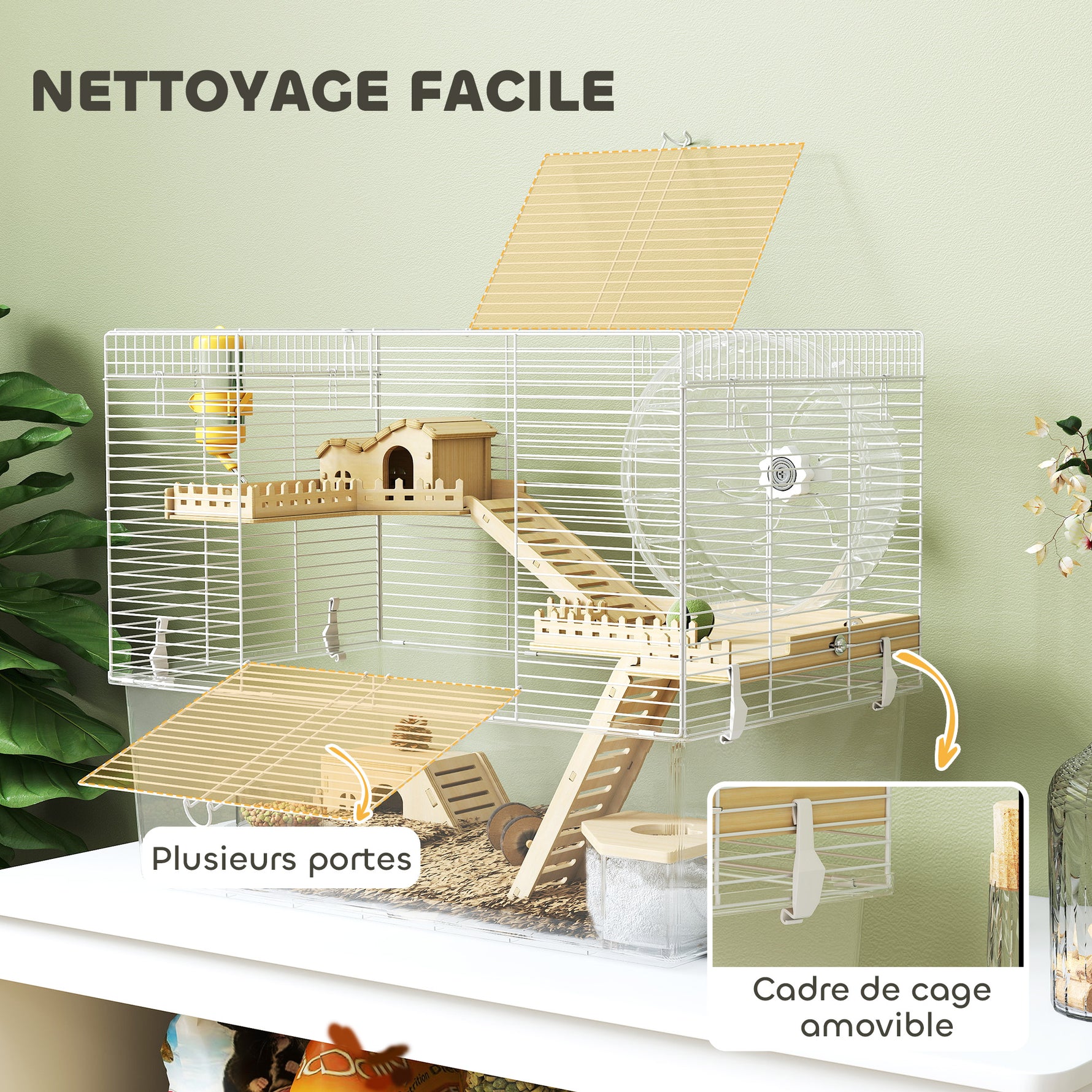 Cage à hamster à 3 niveaux, cage rongeur avec roue d'exercice, plateau profond transparent, 59 x 35,5 x 47 cm, blanc
