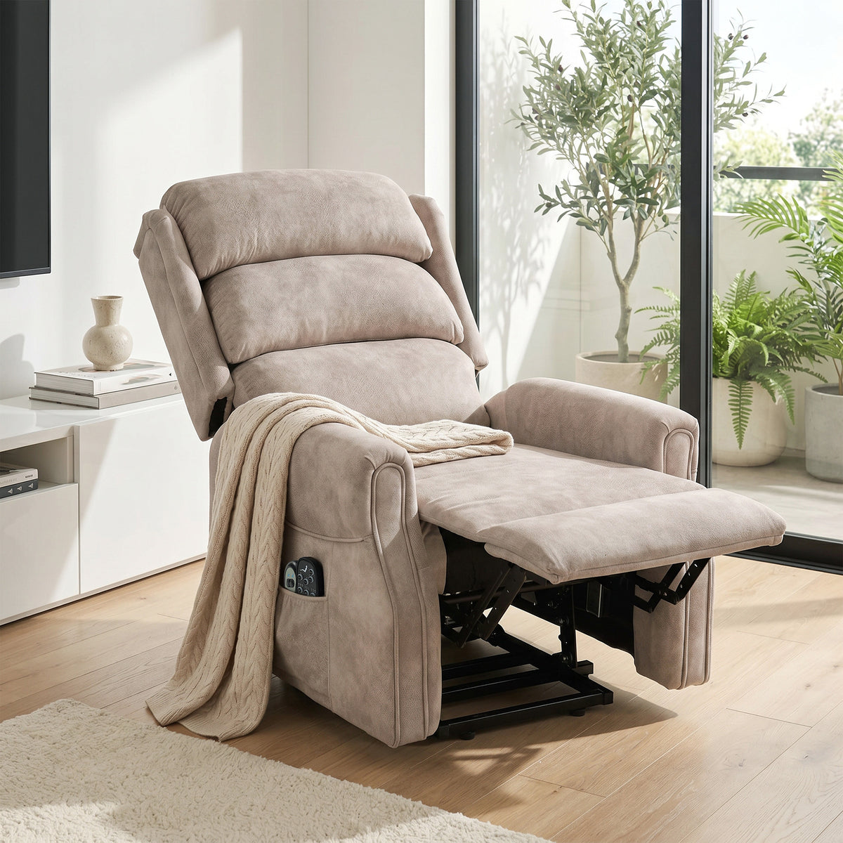 Fauteuil releveur électrique massage par vibrations et chaleur, fauteuil relax électrique en velours, 80x160x82cm, beige