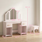 Coiffeuse pour Enfants avec Tabouret et Miroir à Trois Volets en Acrylique, 2 Tiroirs et 2 Placards, Rose