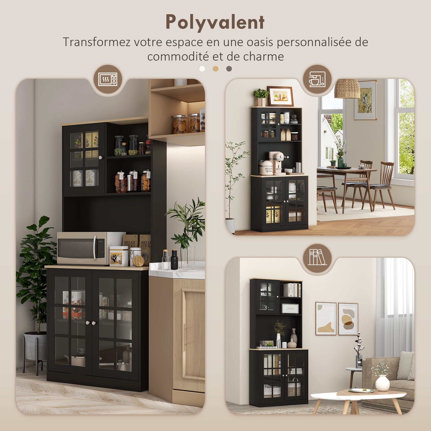 Buffet cuisine, meuble cuisine rangement haut, meuble de rangement avec plan de travail, 3 portes vitrées, 2