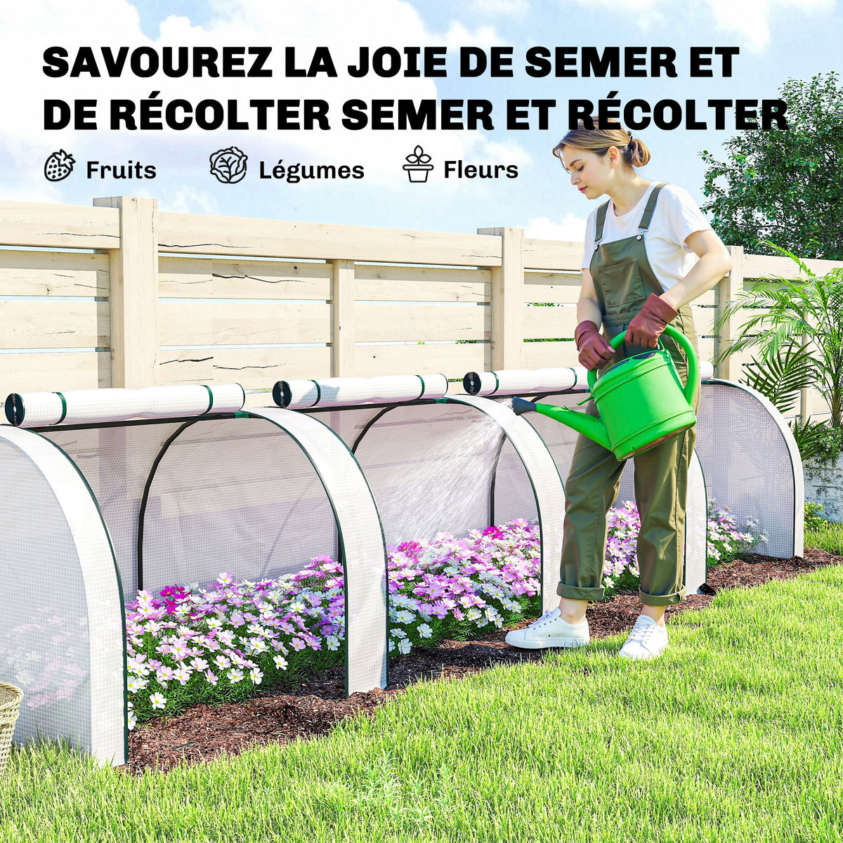 Mini serre de jardin serre à tomates 4 x 1 x 0,80 m acier PE anti-UV 4 portes avec zip enroulables blanc