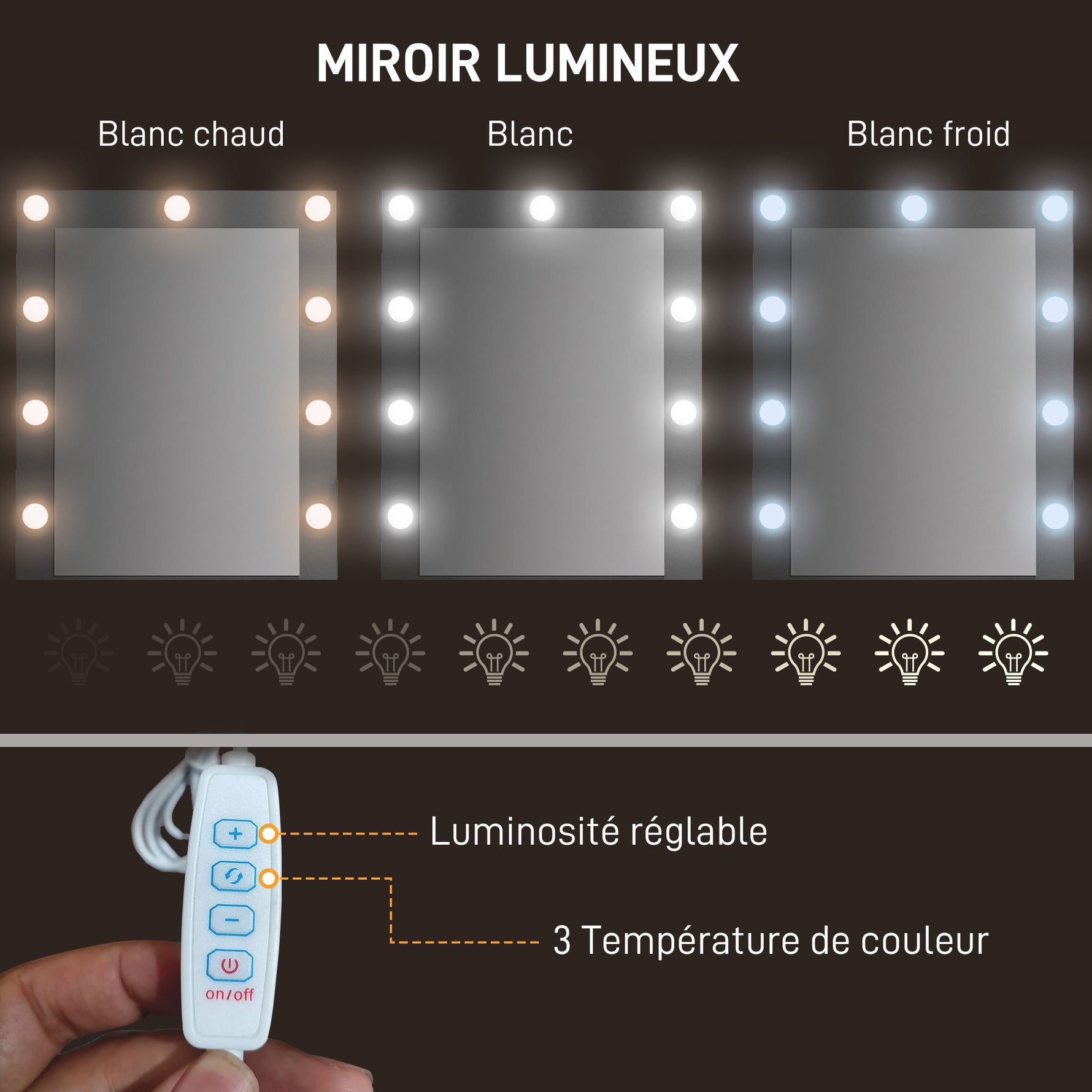 Coiffeuse table de maquillage miroir LED réglable intégré - pied en métal noir - 4 tiroirs en tissu - Aspect bois foncé