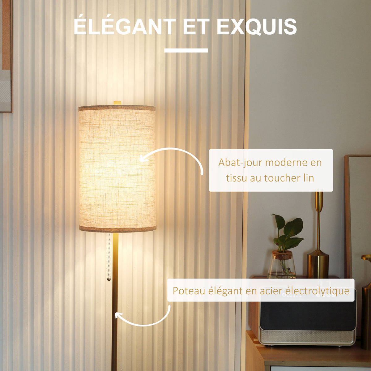Lampadaire design 40 W max. piètement mât acier doré abat-jour lin crème dim. 25,5 x 25,5 x 157 cm doré et beige