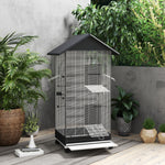 Cage oiseau sur pied volière oiseaux intérieure sur roulettes 2 mangeoires 8 perchoirs 79 x 65 x 155 cm fil d'acier noir