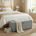 Banc de rangement, bout de lit, repose-pieds rembourré en lin avec assise large, 122 x 48 x 44 cm, gris clair