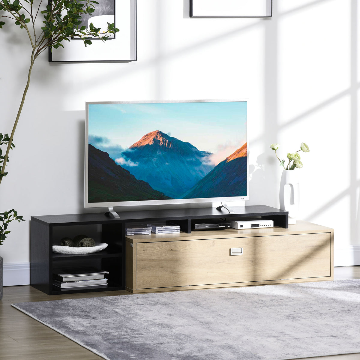Meuble TV banc TV jusqu'à 65 pouces avec étagère amovible style contemporain porte basculante pour salon chambre