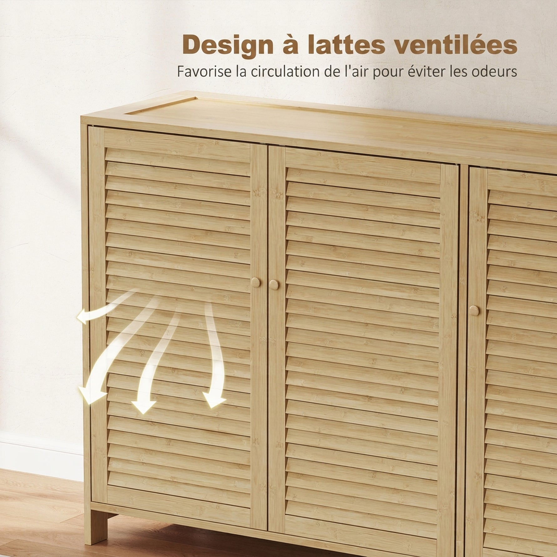 Meuble à chaussures en bambou 18 paires, armoire à chaussures avec portes persiennes et étagères réglables, bois naturel