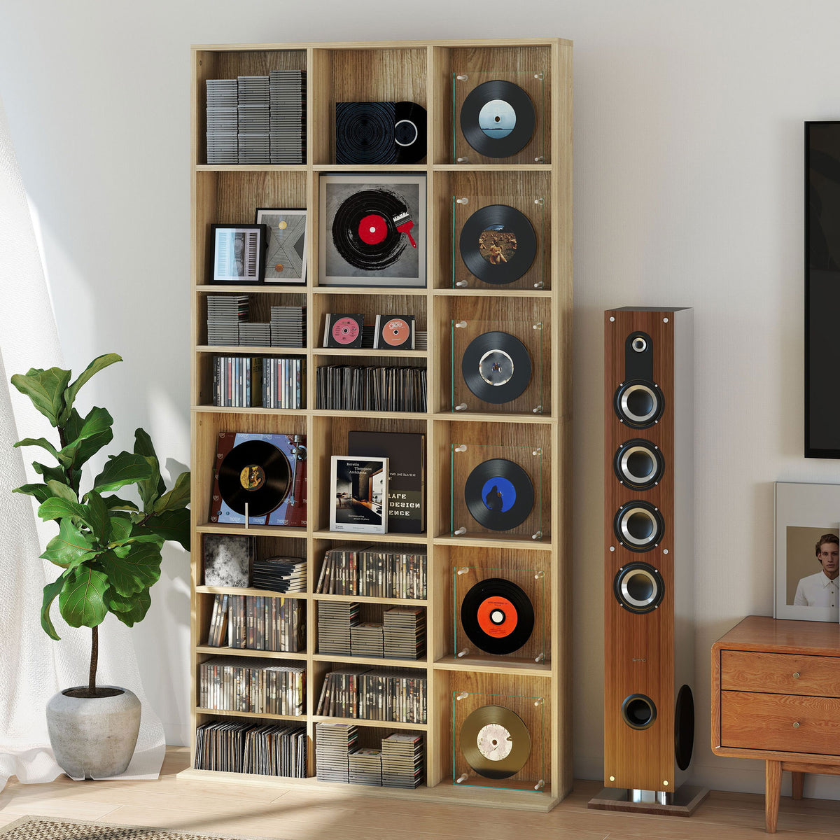 Rangements pour CD et DVD, étagère rangement 1116 CD/528 DVD, 36 compartiments et étagères réglables, chêne