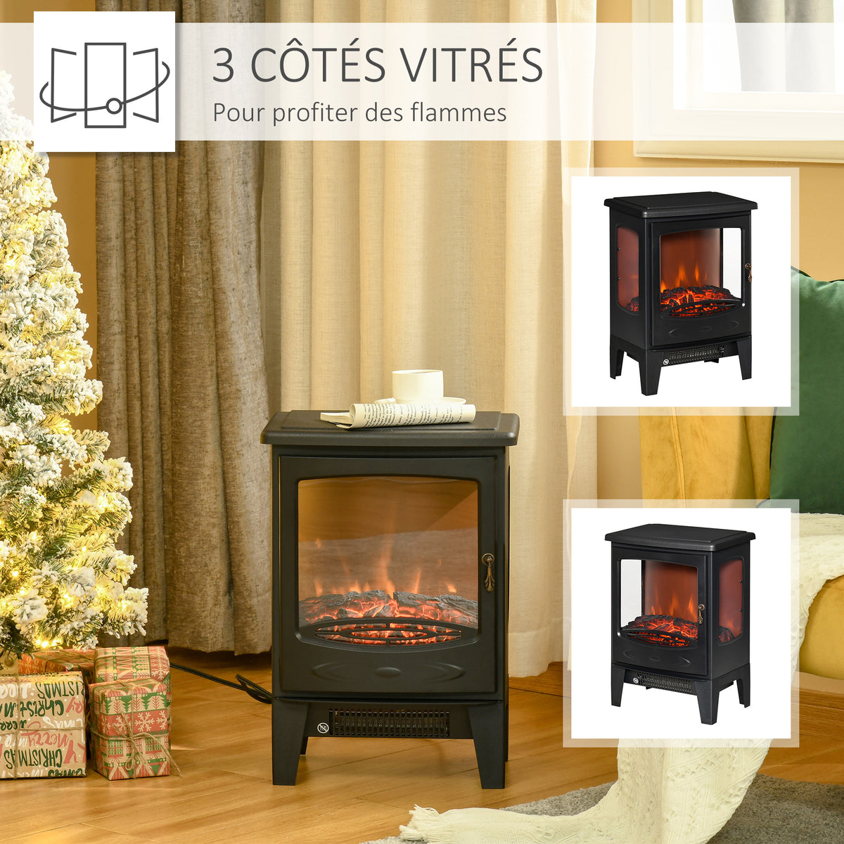 Cheminée électrique poêle Style néo-rétro 900-1800 W Simulation Flammes LED luminosité réglable Acier ABS Noir