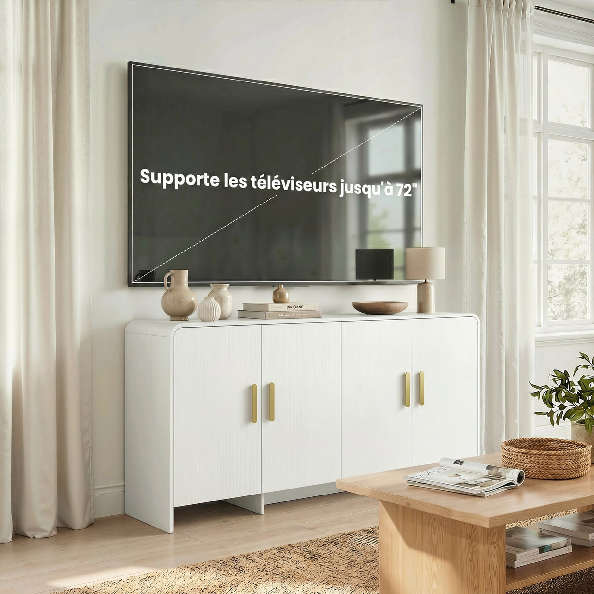 Buffet cuisine, meuble de rangement avec 4 portes à fermeture douce, 4 compartiments et bords arrondis, 152x40x80cm, blanc