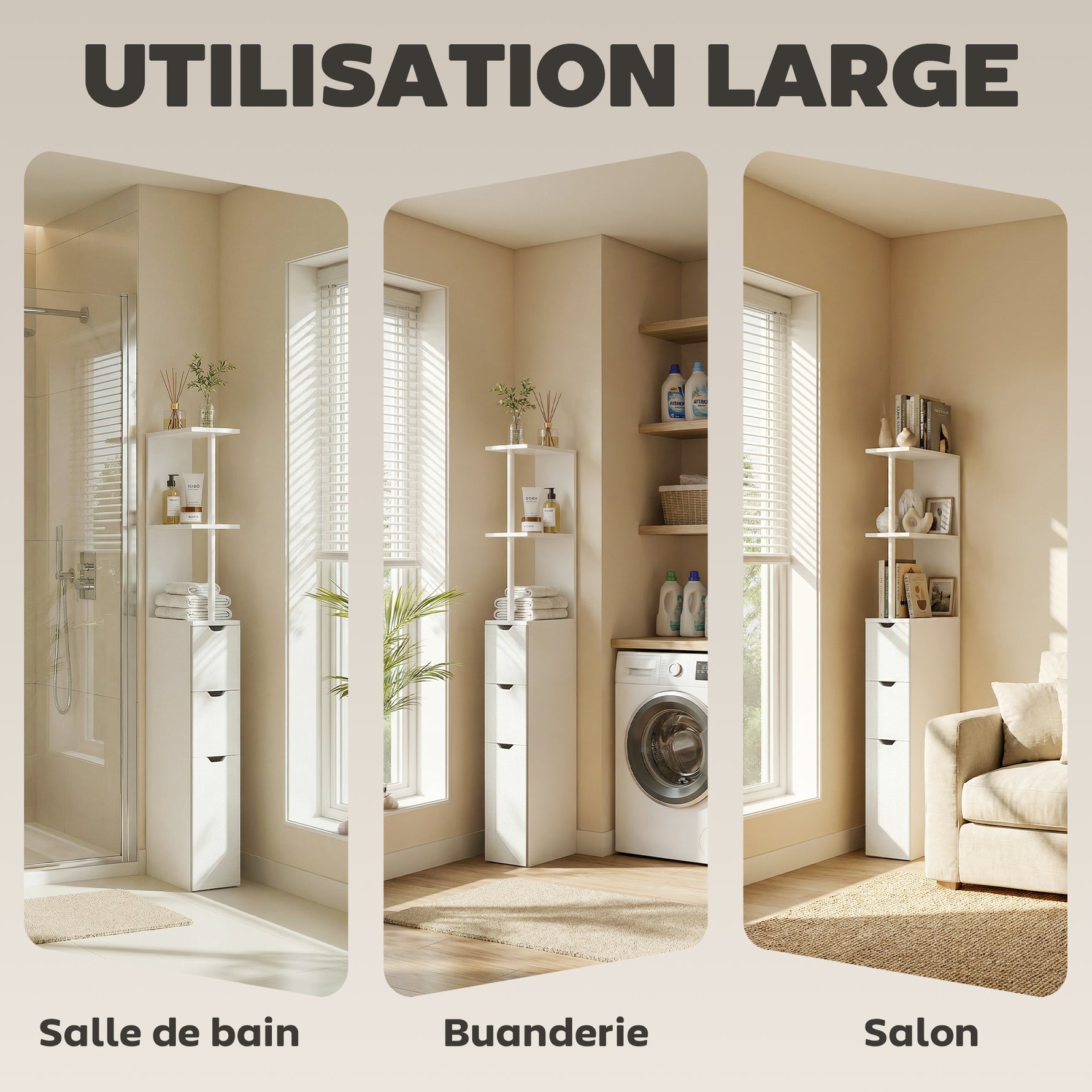 Meuble colonne salle de bain armoire de salle de bain avec tiroirs étagères ouvertes placard 15 x 33 x 136,8 cm blanc