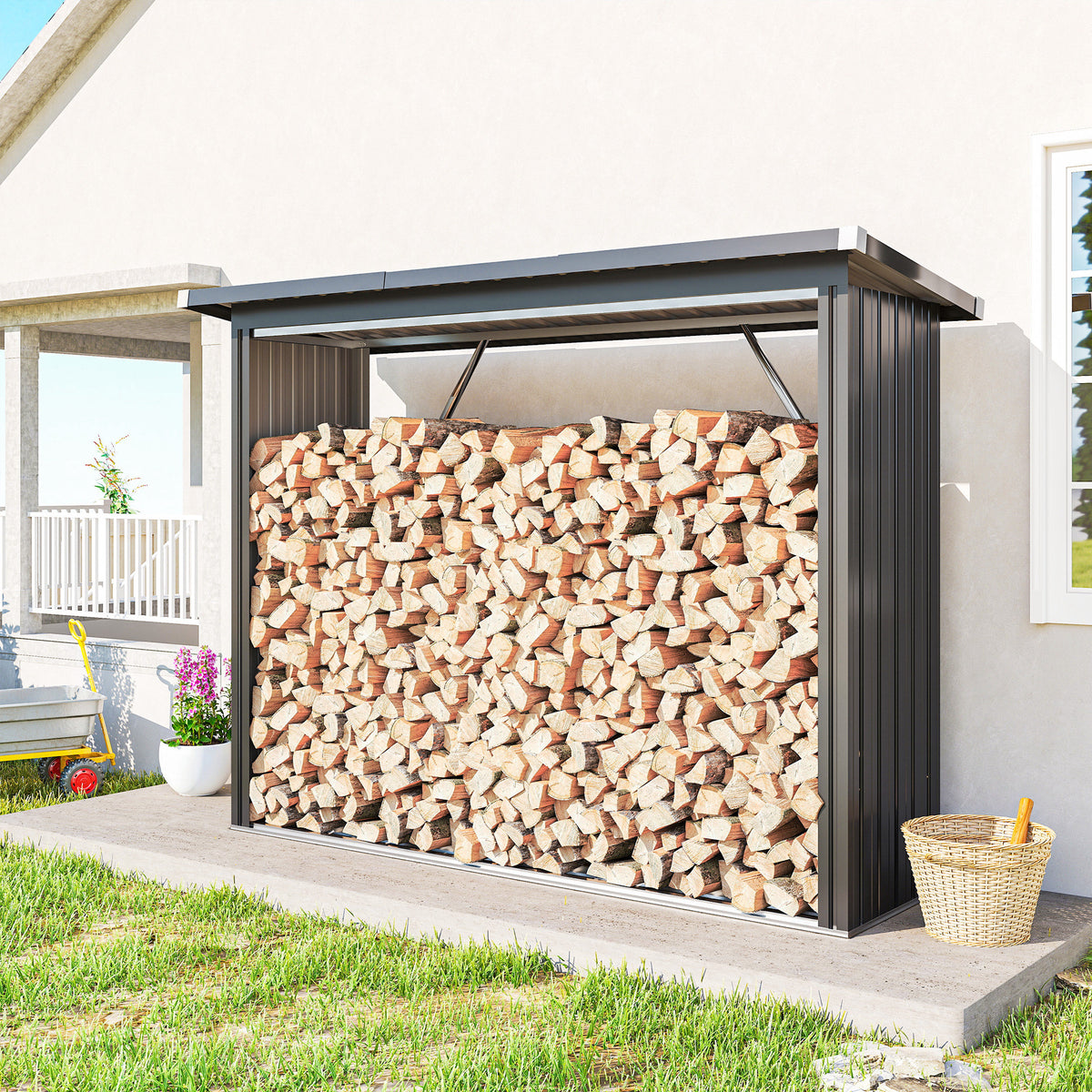 Abri-bûches couvert support pour bois de chauffage plancher surélevé toit incliné, acier galvanisé 213x66,5x150cm gris