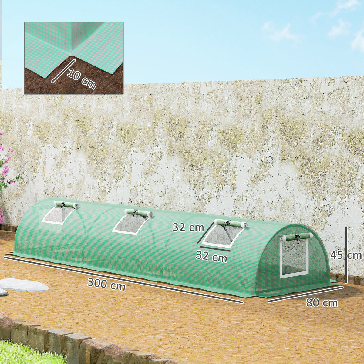 Serre de jardin tunnel 5 fenêtres enroulables bâche PE 140 g/㎡ métal époxy 300 x 80 x 45 cm vert