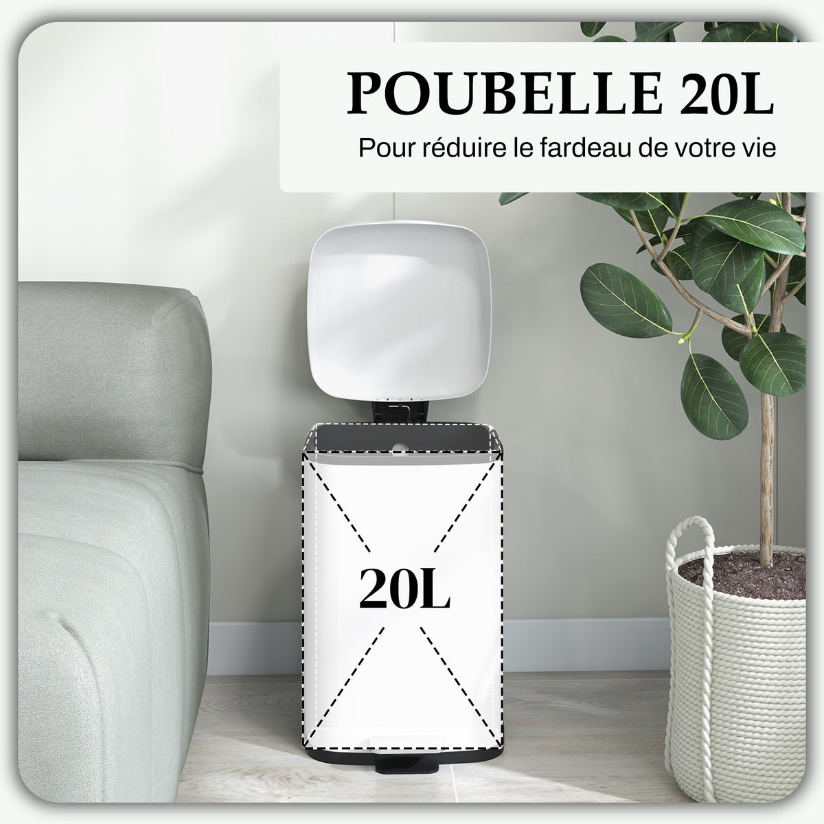 Poubelle de cuisine 20L avec couvercle à fermeture douce et pédale, seau intérieur amovible, 28L x 35l x 45H cm, blanc