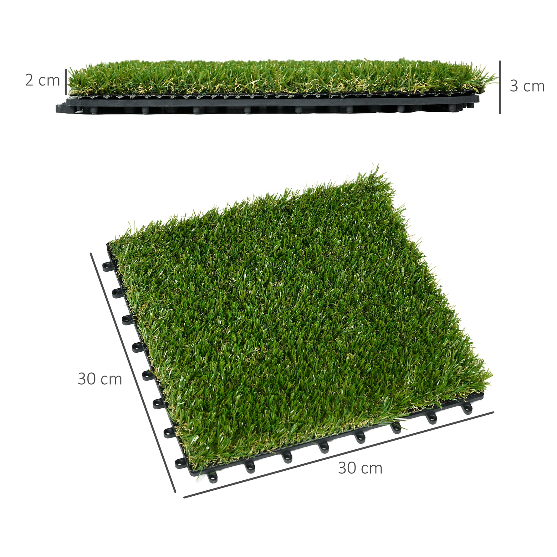 Gazon synthétique Artificiel Set de 10 Dalles Carreaux 30 x 30 cm épaisseur Confort 3 cm à emboîter Vert