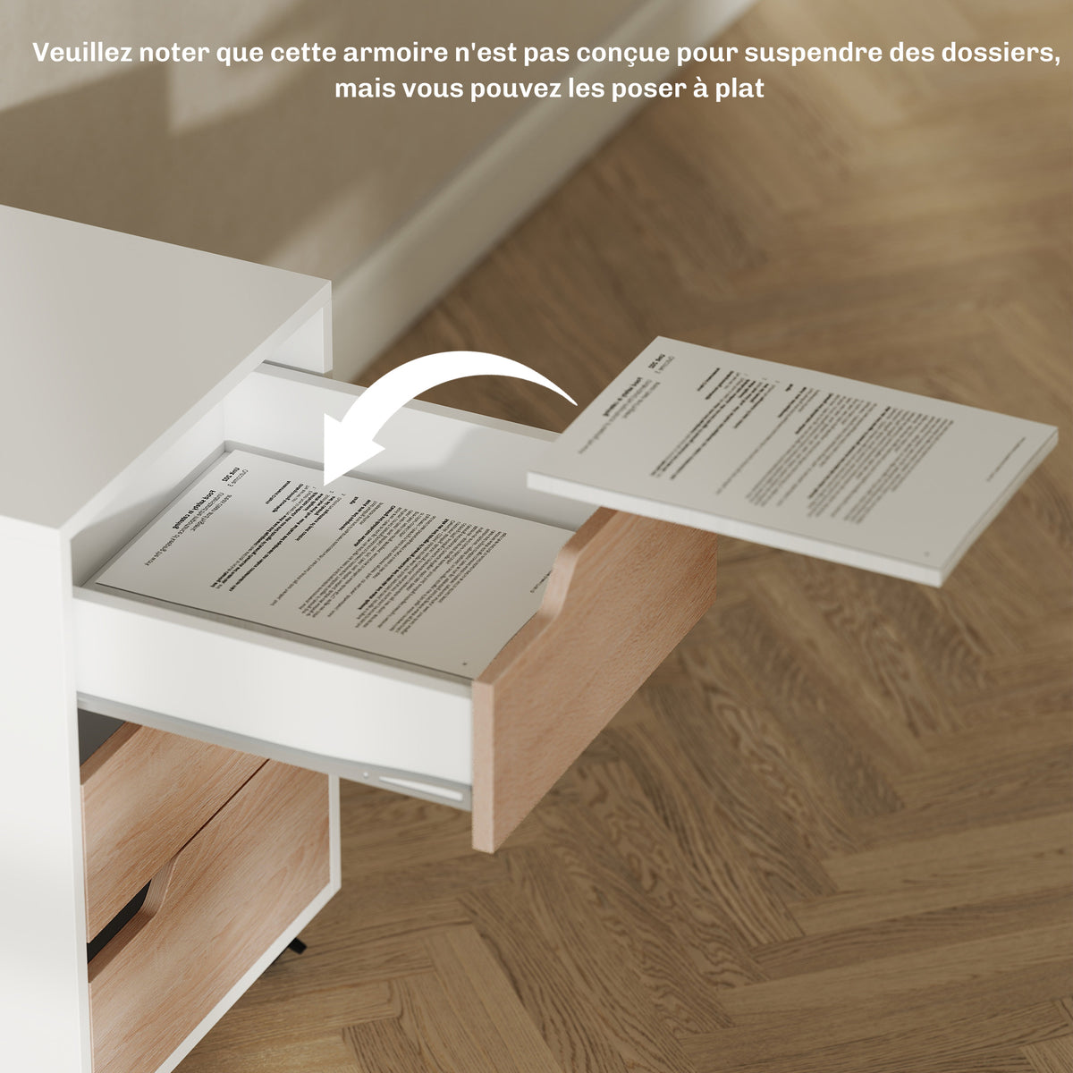 Caisson bureau mobile, meuble rangement bureau sur roulettes, 3 tiroirs, 40x50x57,5cm, blanc et chêne