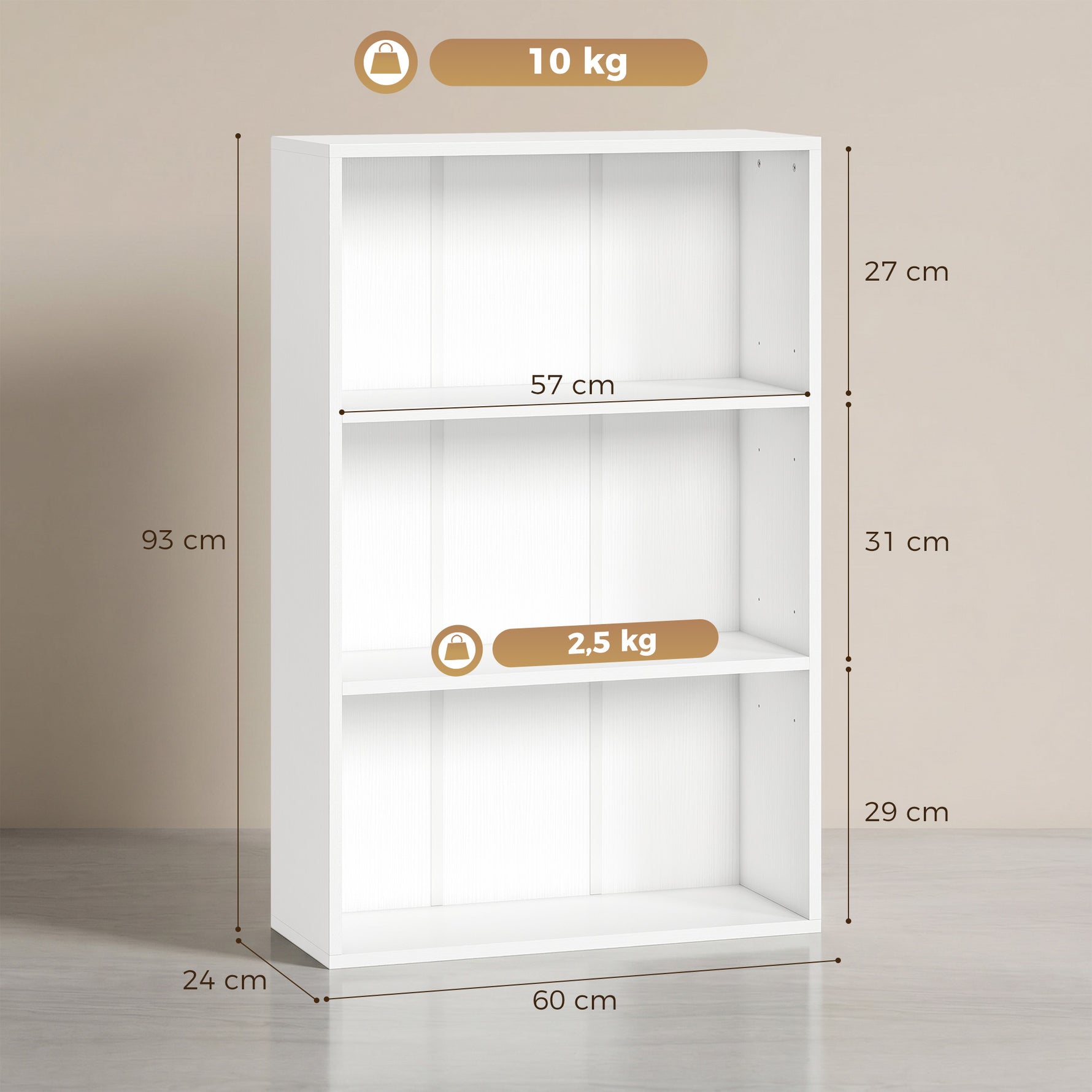 Bibliothèque étagère de rangement avec 3 compartiments et étagère réglable, 60 x 24 x 93 cm, blanc