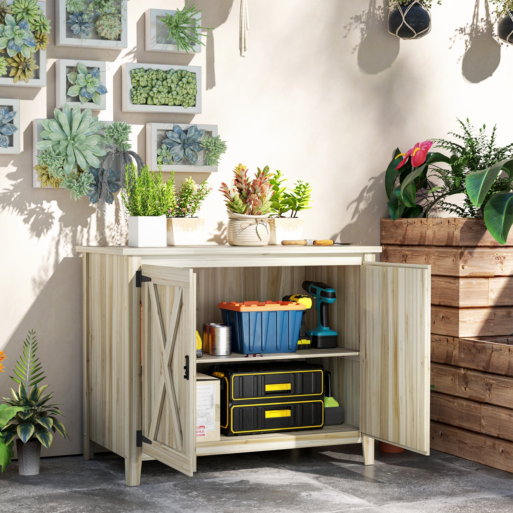 Armoire de jardin en bois, placard de jardin en bois avec étagères et double portes, 110 x 60 x 88,5 cm, bois naturel