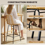 Lot de 2 tabourets de bar design bohème Hauteur 66 cm avec repose-pieds métal et rotin PE - naturel