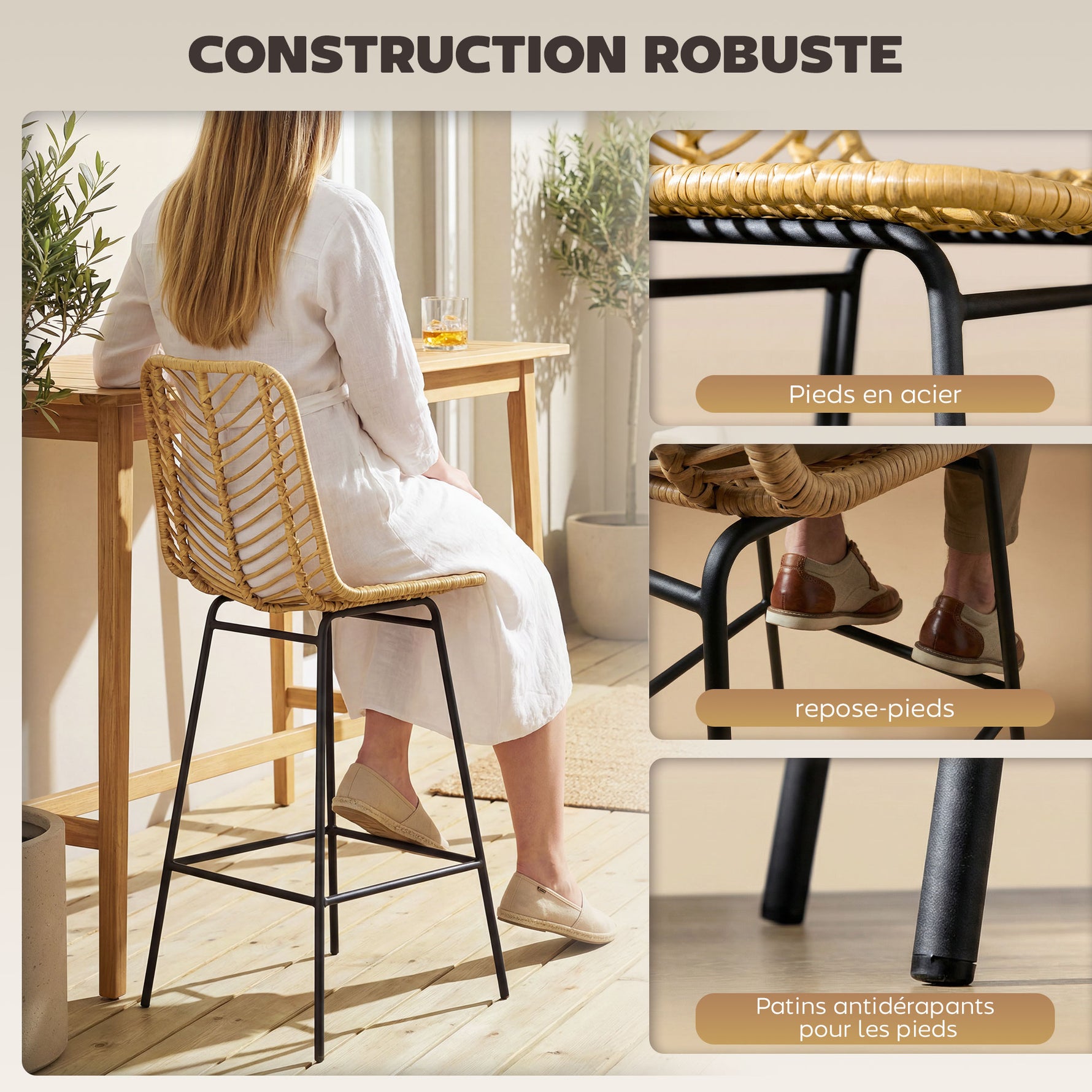 Lot de 2 tabourets de bar design bohème Hauteur 66 cm avec repose-pieds métal et rotin PE - naturel