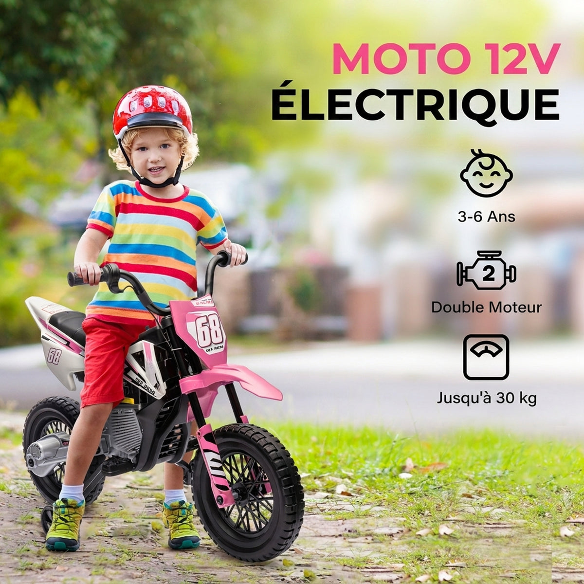 Moto électrique pour enfant moto cross pour enfants de 3 à 6 ans 2 moteurs 12V vitesse 5 km/h 109,5x60x72,5cm rose