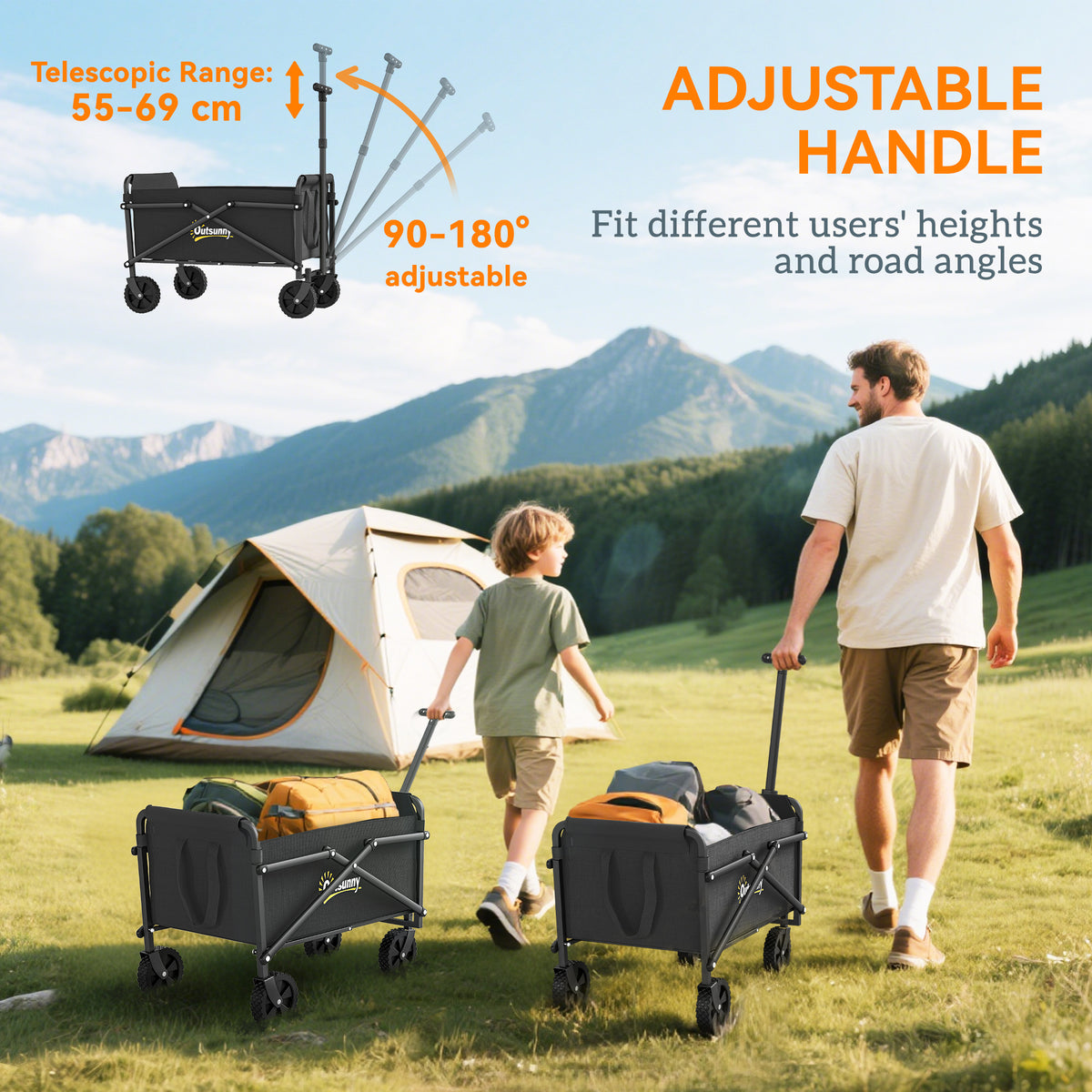 Carro de jardín carro de transporte con ruedas con mango ajustable, con bolsas de transporte 64 x 40 x 60-84 cm negro