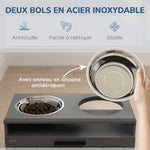 Gamelle Chien Surélevée avec Bols Anti-Glouton & Eau en Acier Inoxydable, Tiroir de Rangement, 60x30x35cm, Gris