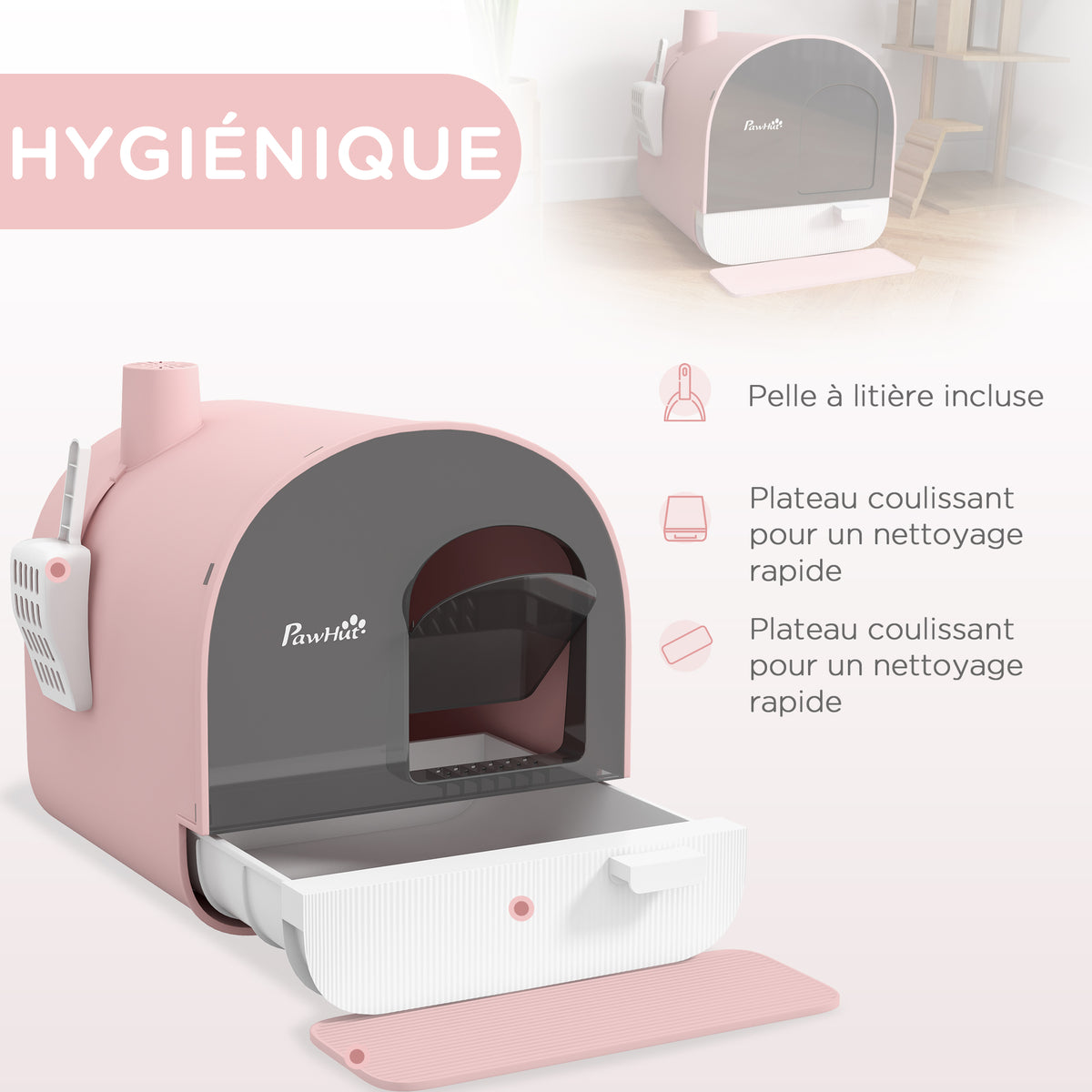 Bac à litière pour chat avec porte battante pelle et filtre inclus dim. 43L x 44l x 47H cm rose