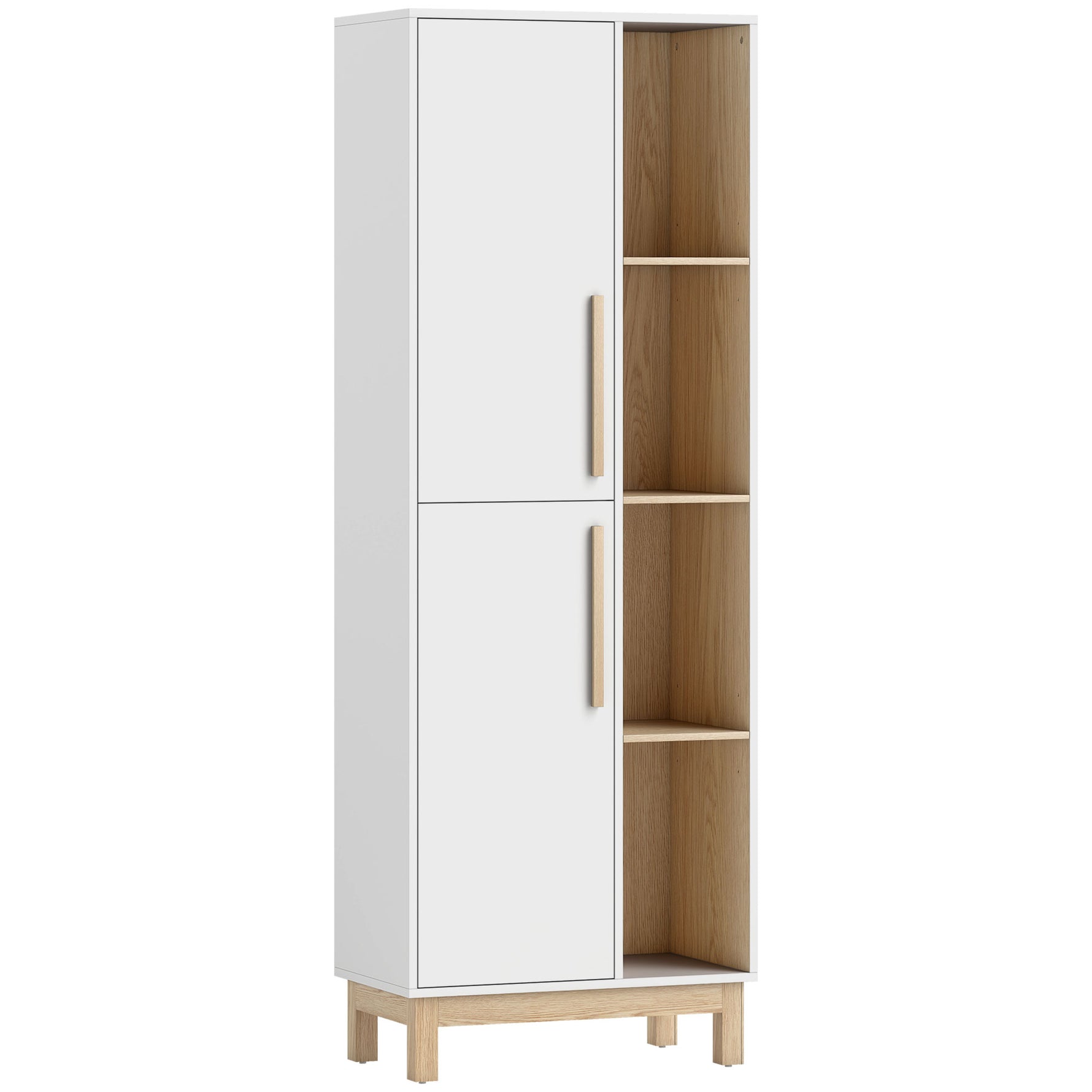 Meuble de Salle de Bain, Meuble de Rangement, 2 Portes, 4 Compartiments Ouverts et Étagères Réglables, Blanc et Naturel