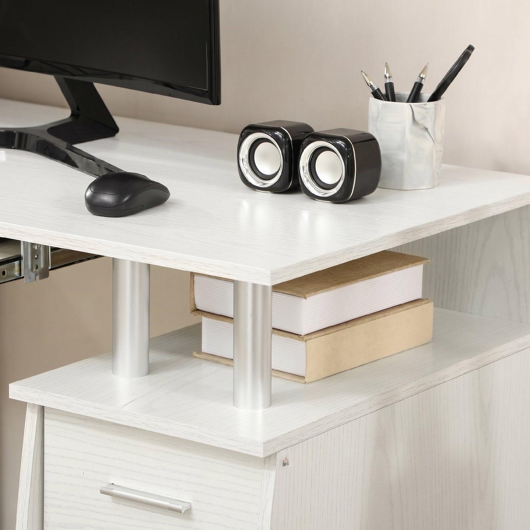 Bureau d'ordinateur, bureau informatique 120 x 55 cm avec plateau pour clavier, 3 tiroirs, pour chambre, domicile, blanc