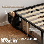 Cadre de Lit 140 x 190 cm avec Sommier, Lit Double avec Pochette de Rangement, Support à Lattes en Bois, Noir