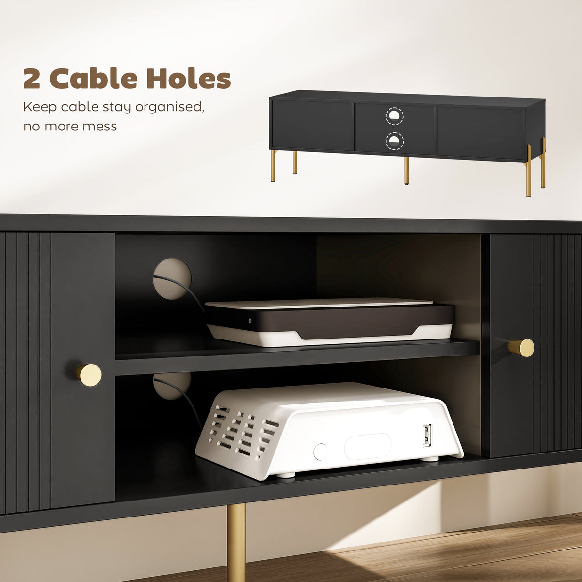 TV-meubel voor tv's tot 65", geribbelde deuren, open vakken, stalen poten, 140 x 38 x 45,9 cm, zwart