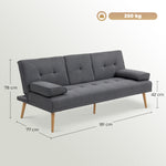 Canapé convertible 3 places, canapé-lit rembourré avec dossier réglable 3 niveaux, 2 coussins et 2 porte-gobelets intégrés, tissu de lin, pour salon, chambre d'amis, petit espace, gris foncé