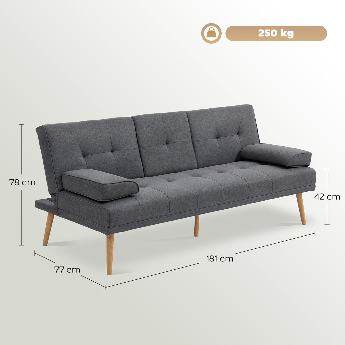 Canapé convertible 3 places, canapé-lit rembourré avec dossier réglable 3 niveaux, 2 coussins et 2 porte-gobelets intégrés, tissu de lin, pour salon, chambre d'amis, petit espace, gris foncé