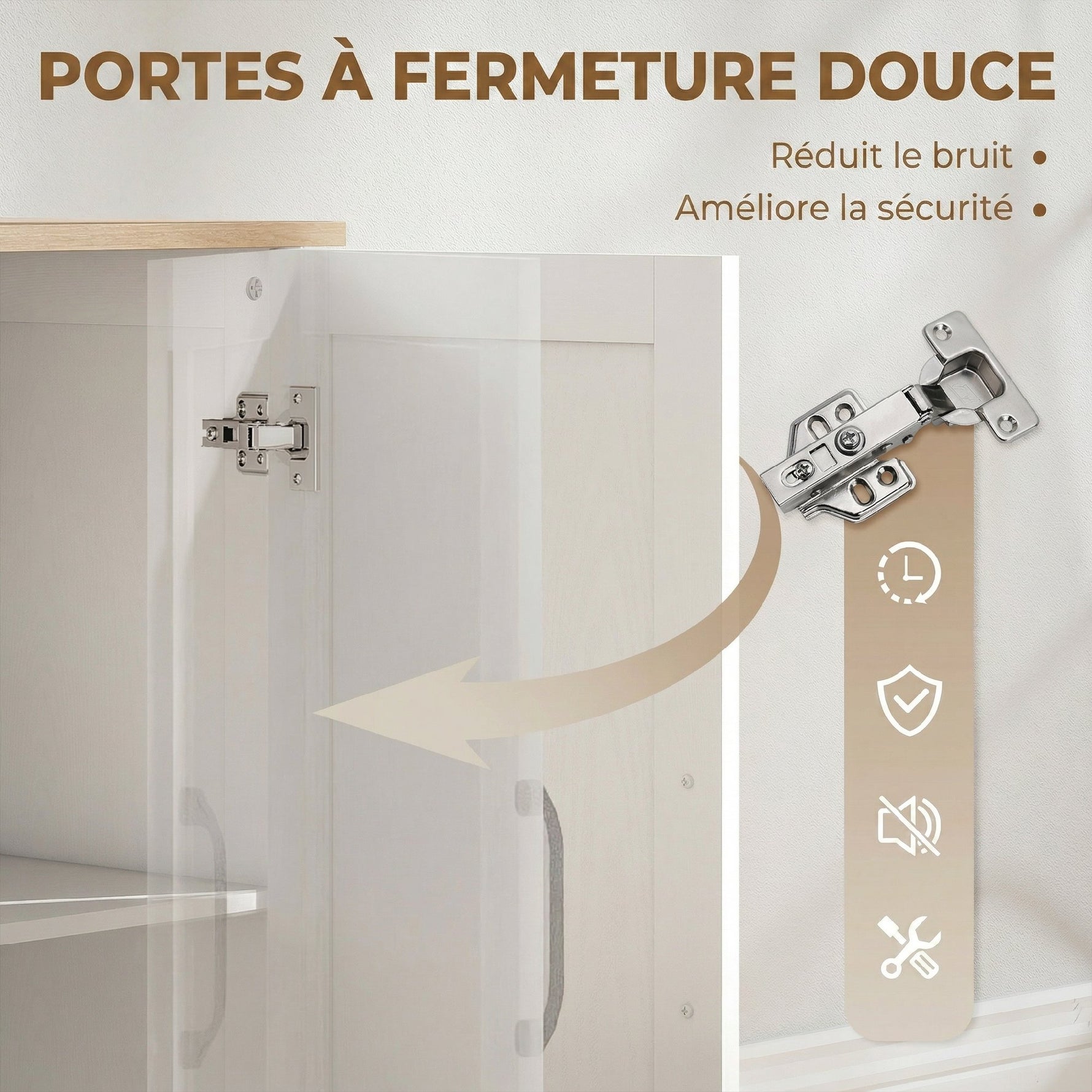 Buffet salon, meuble de rangement avec 2 portes à fermeture douce et 3 tiroirs, 110x35x80,4cm, blanc et bois naturel