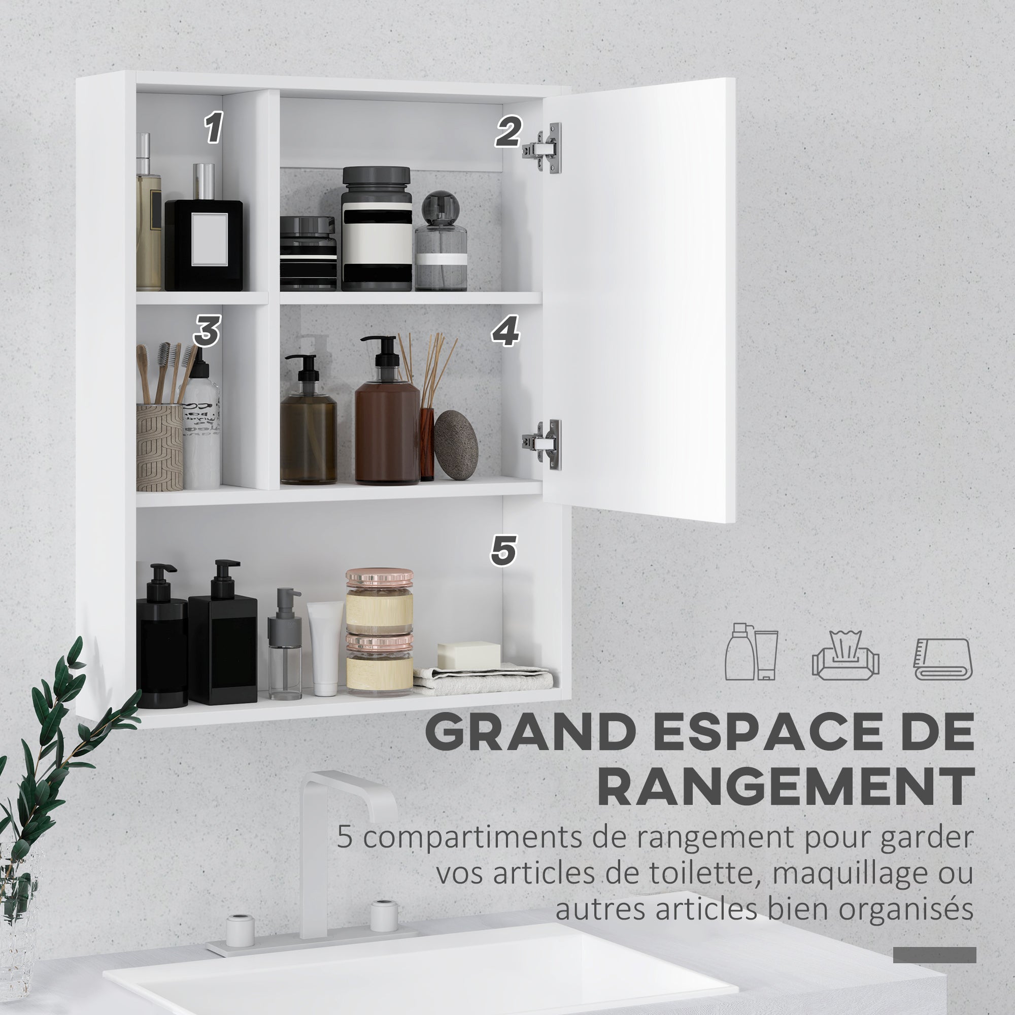 Armoire murale salle de bain avec miroir, meuble salle de bain, 5 compartiments et étagère réglable, 60x15x76cm, blanc