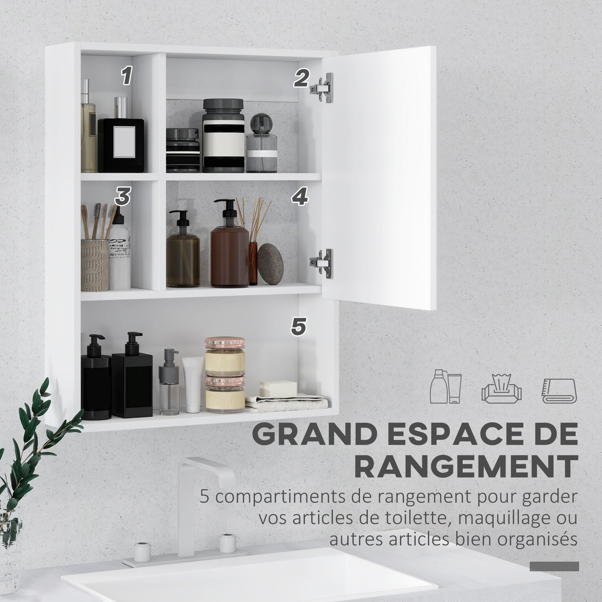 Armoire murale salle de bain avec miroir, meuble salle de bain, 5 compartiments et étagère réglable, 60x15x76cm, blanc