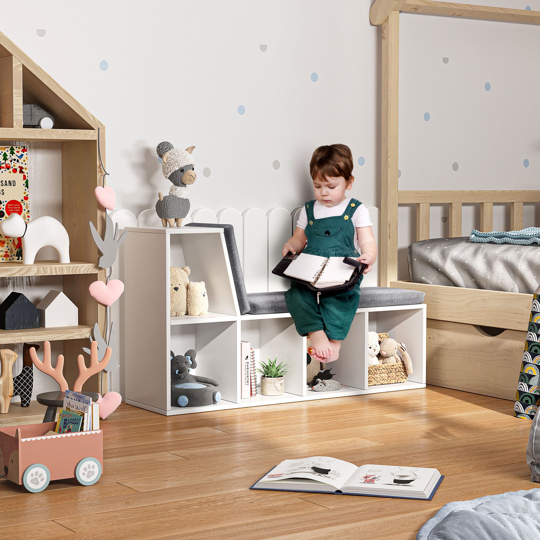 Bibliothèque banc 2 en 1 avec 5 compartiments de rangement et 2 coussins 108 x 30 x 60 cm blanc gris