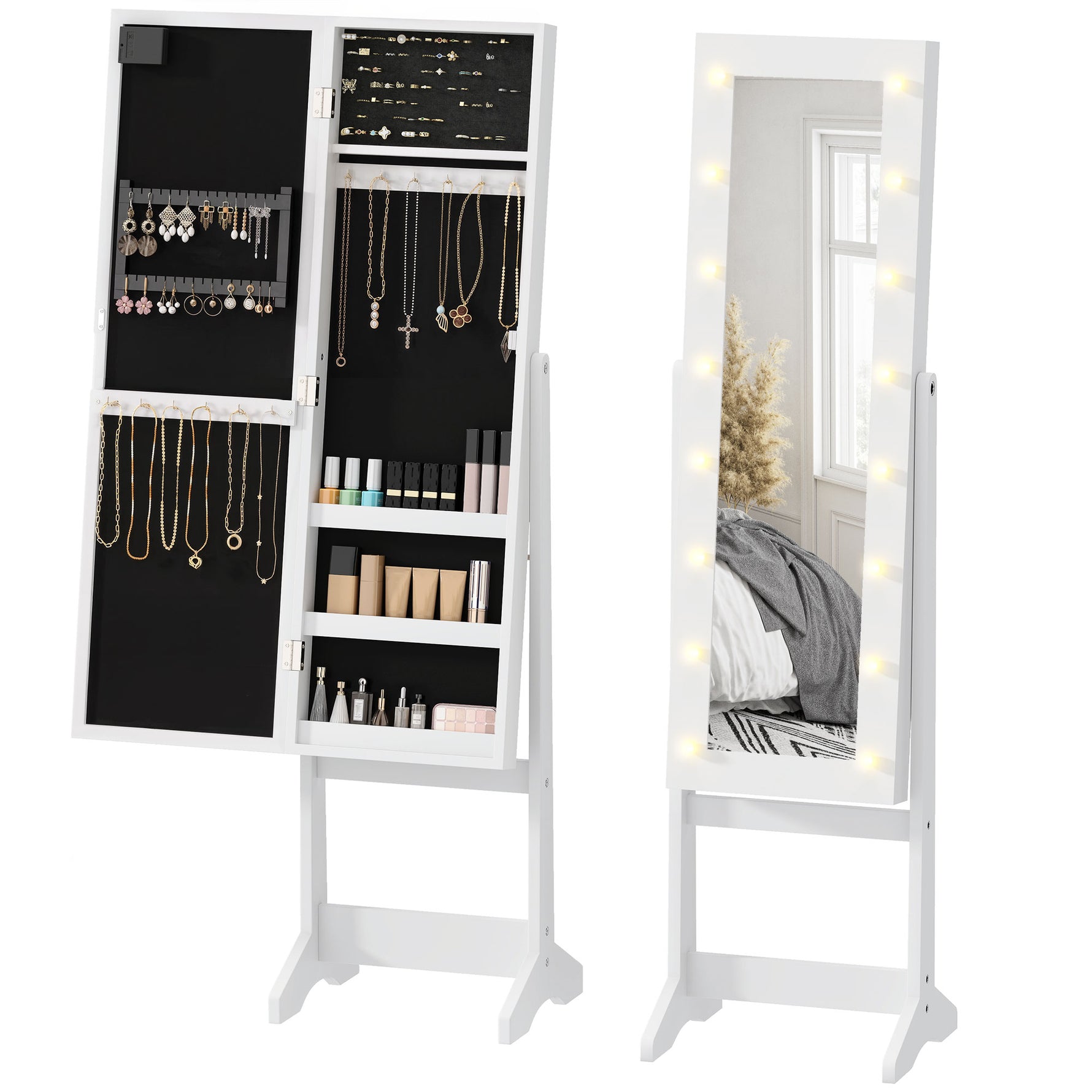 Armoire à bijoux armoire de rangement sur pieds boîte à bijoux avec miroir multi-rangements éclairage LED blanc