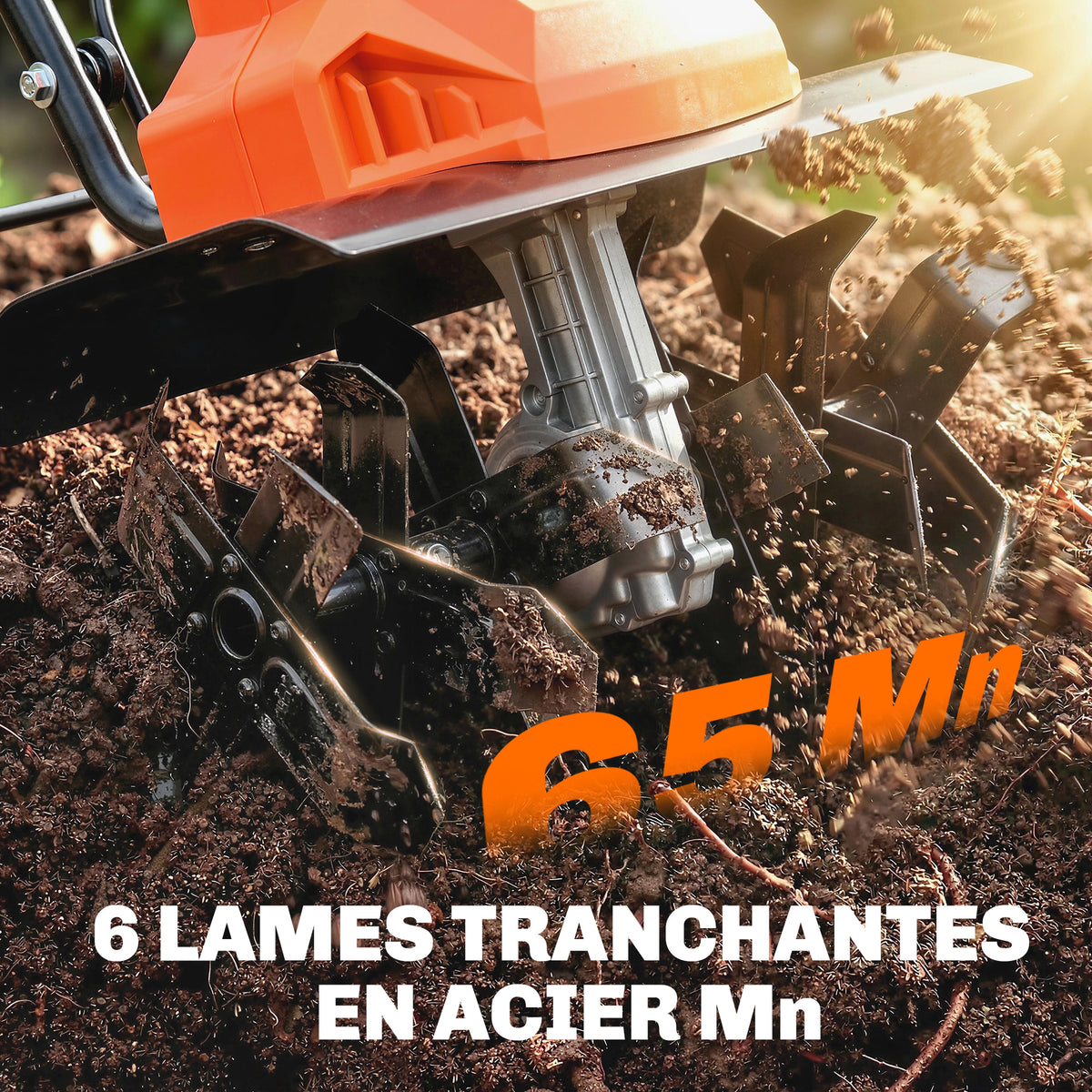 Motobineuse Électrique Motoculteur 1500W 6 Lames 65Mn Largeur 40cm Profondeur 20cm Pliable et Étanche IPX4 Orange