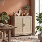 Buffet salon, meuble de rangement avec 2 portes en rotin, étagère réglable et bords arrondis, 76 x 35 x 75,5 cm, chêne