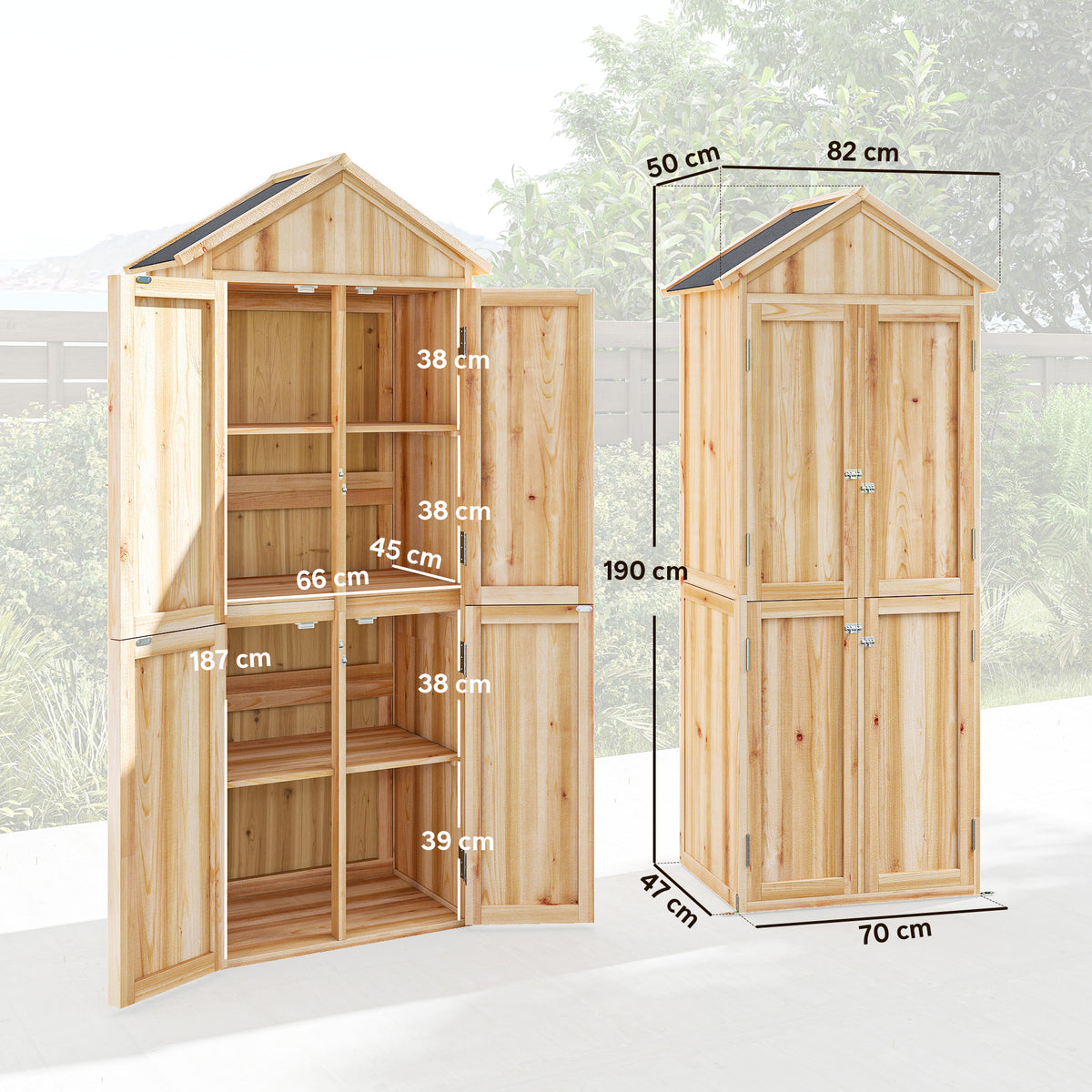 Armoire de Jardin en Bois Abri à Outils Rangement Extérieur Toit en Pointe en Asphalte 82x50x190cm Bois Naturel