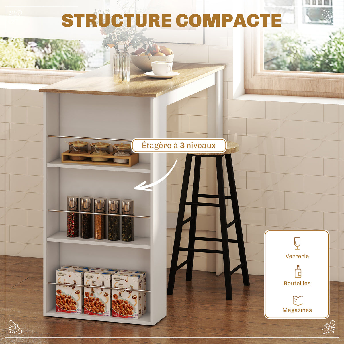 Table de bar table haute de cuisine mange-debout comptoir 112L x 57l x 106H cm - 3 étagères - aspect chêne clair blanc