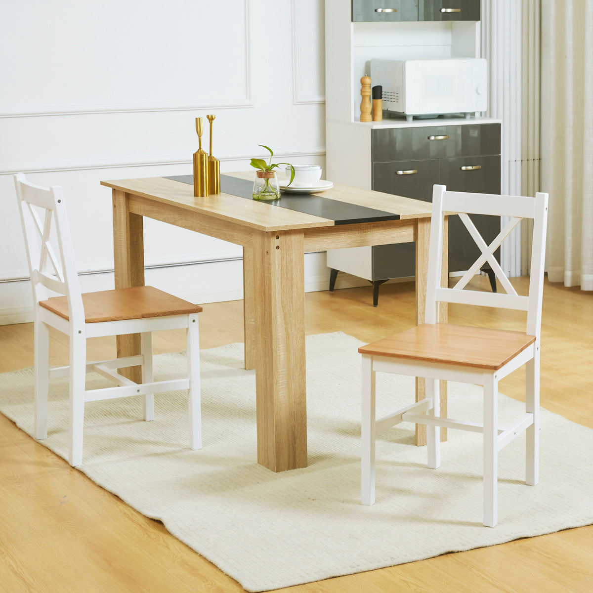 Lote de 2 sillas de comedor de madera maciza, silla de cocina estilo rústico con respaldo cruzado, color blanco y roble