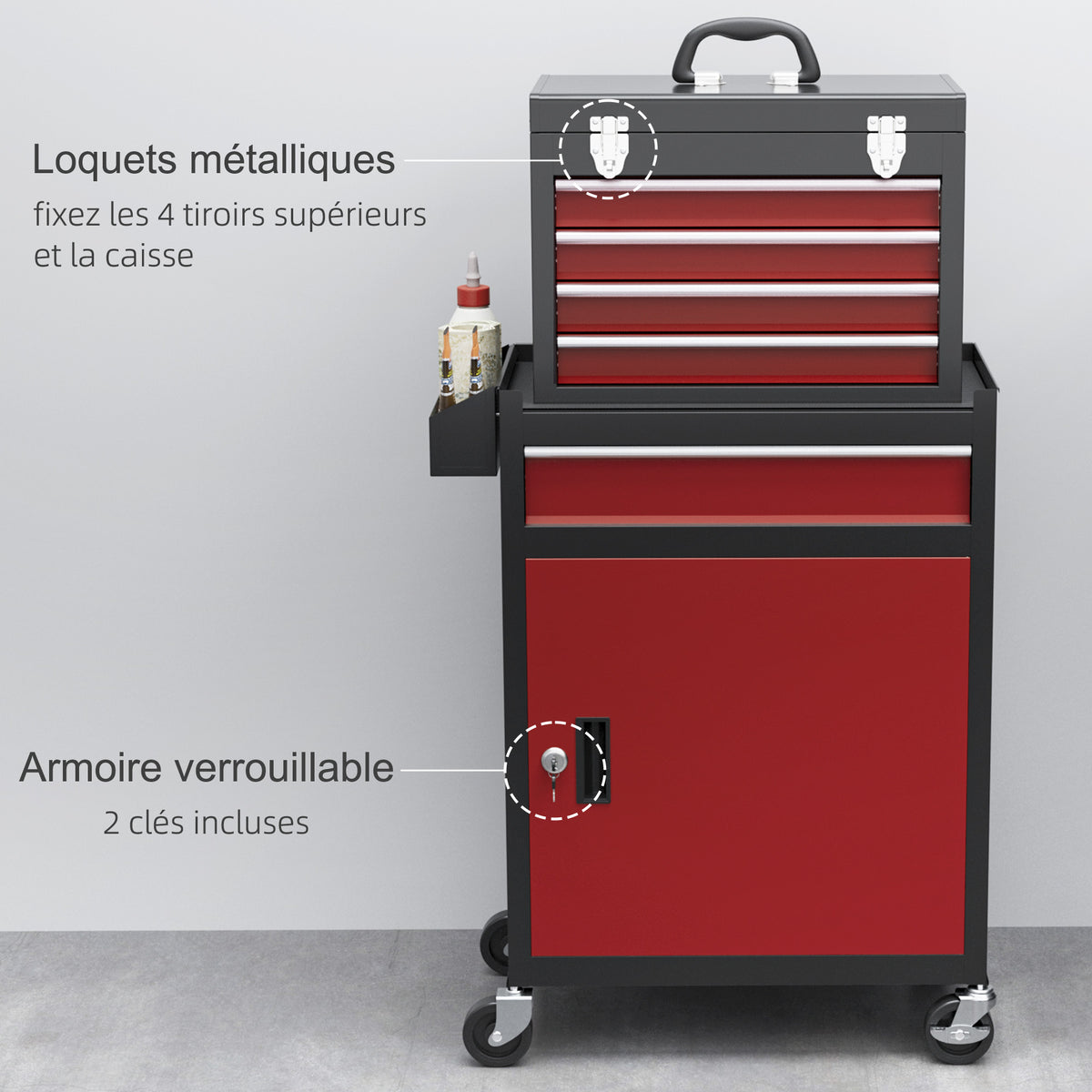 Armoire à outils verrouillable sur roulettes avec 5 tiroirs et armoire, sur roulettes pour l'atelier et la maison, rouge